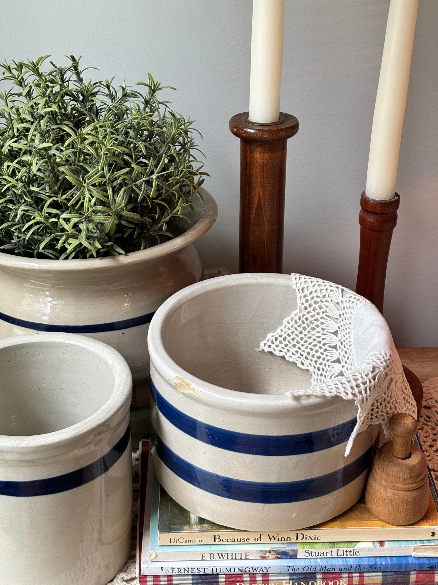 Vintage Blue Striped Roseville Crock