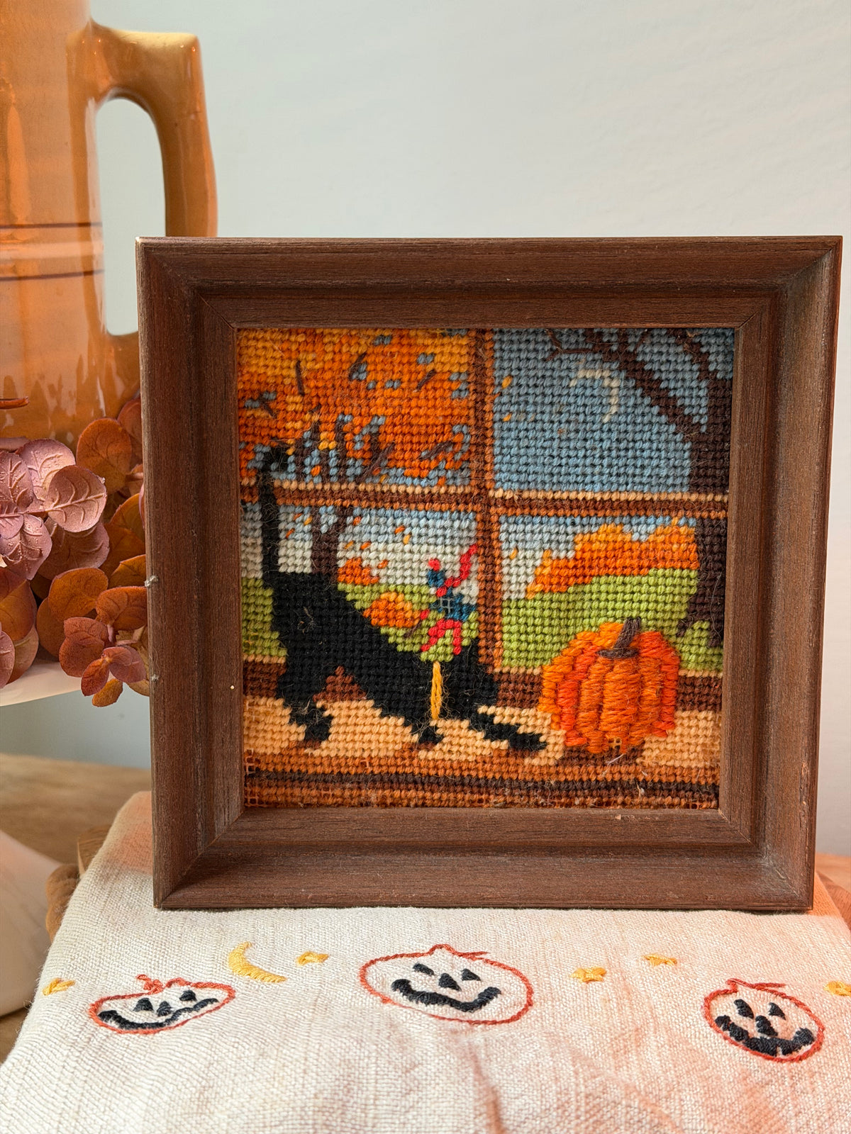 Vintage Black Cat Halloween Framed Needlepoint