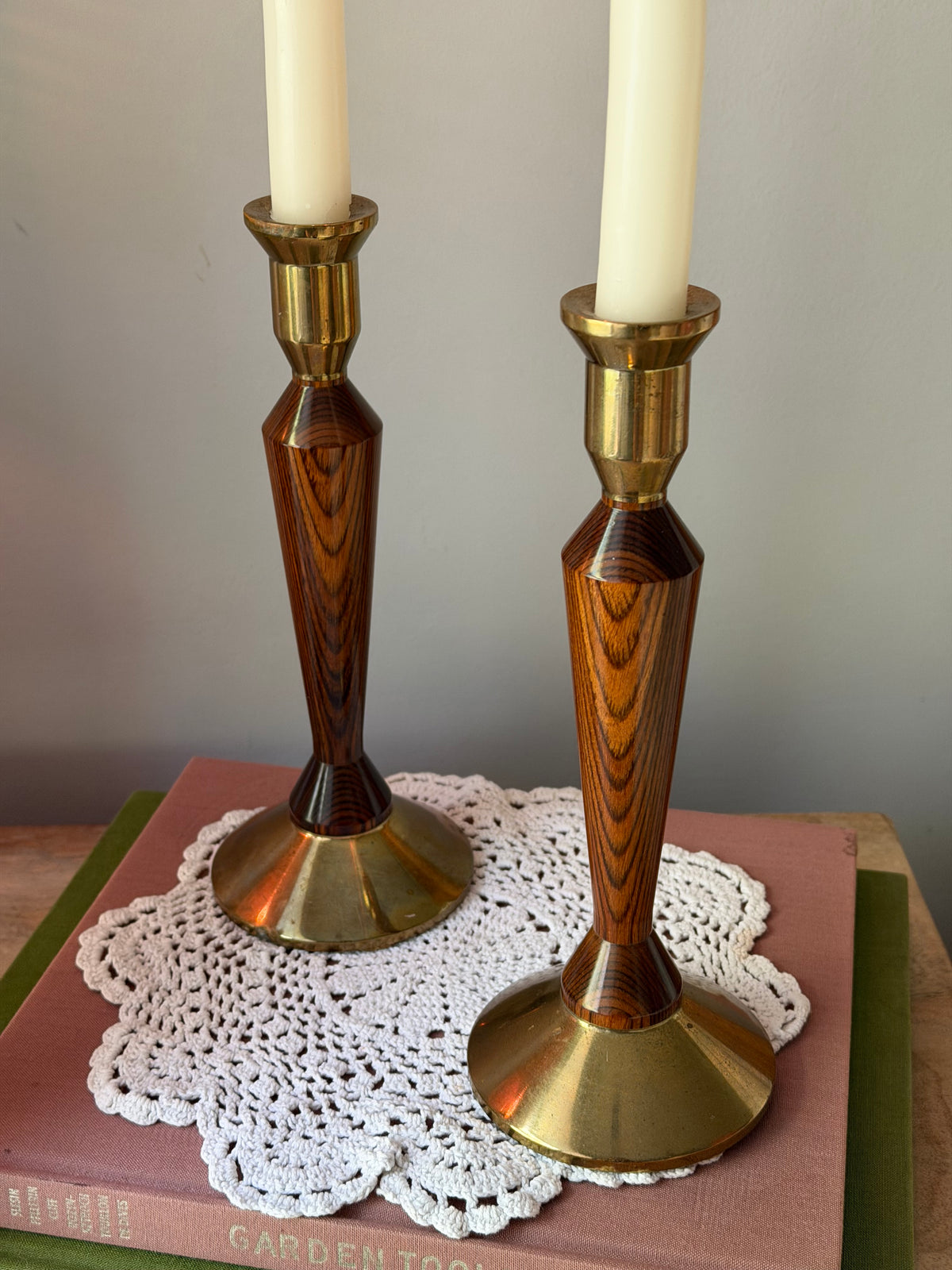 Set of 2 Wood & Brass Candle Stick Holders