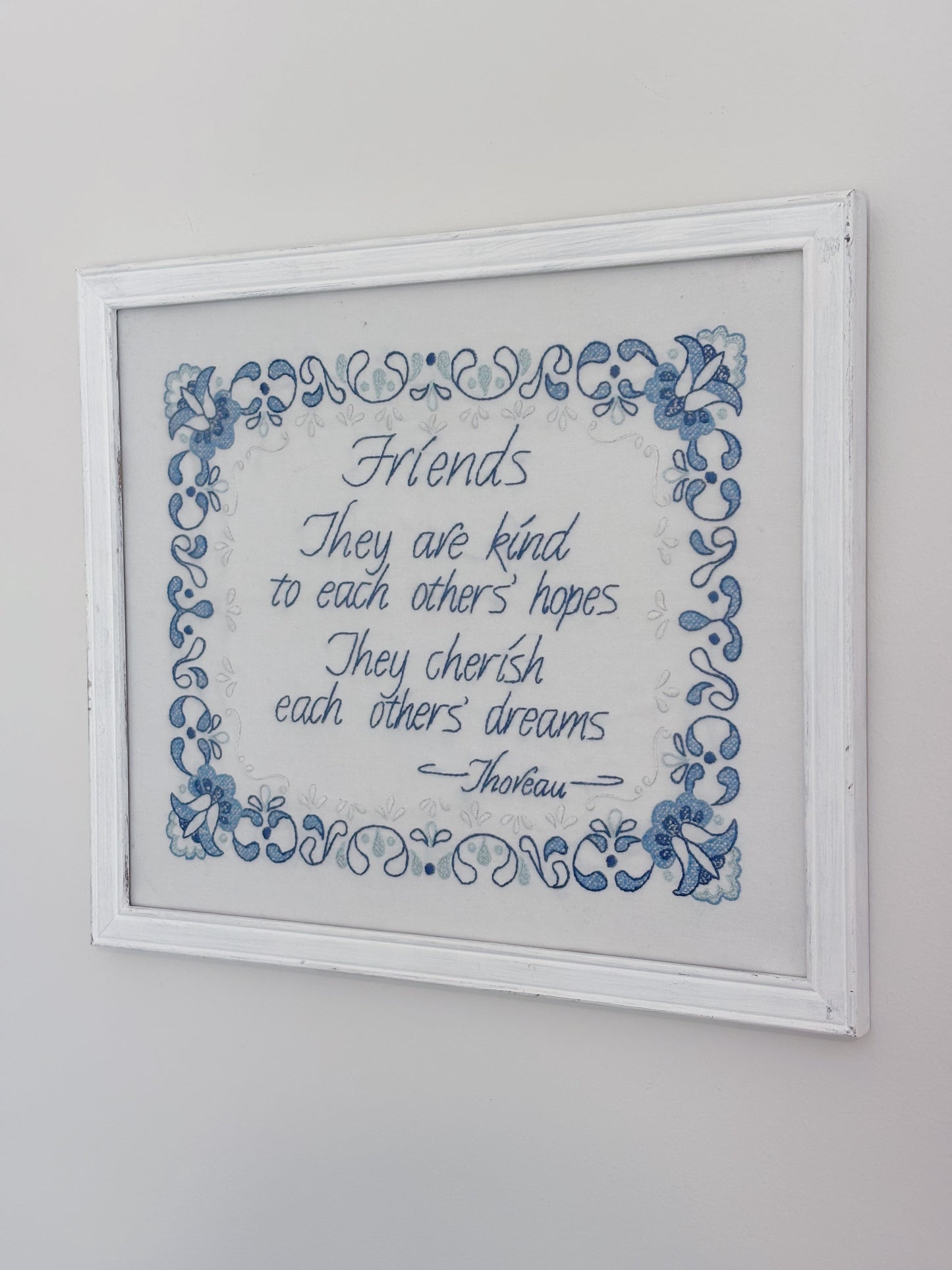 Vintage Friendship Blue & White Framed Embroidery