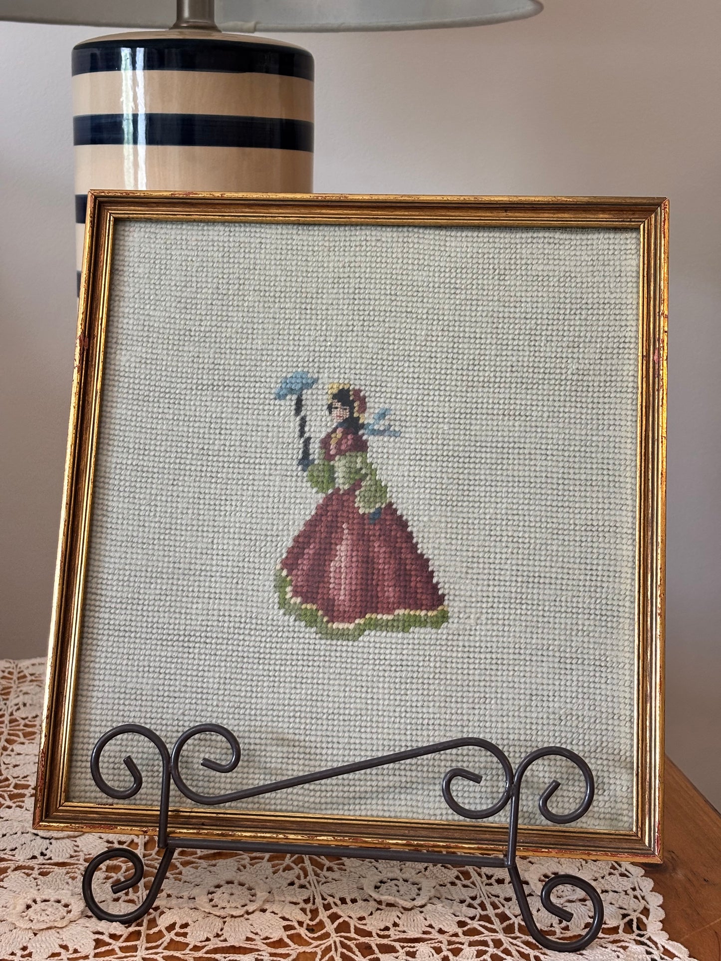 Vintage Framed Colonial Woman Needlepoint