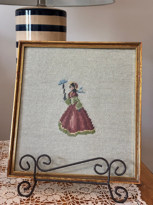 Vintage Framed Colonial Woman Needlepoint