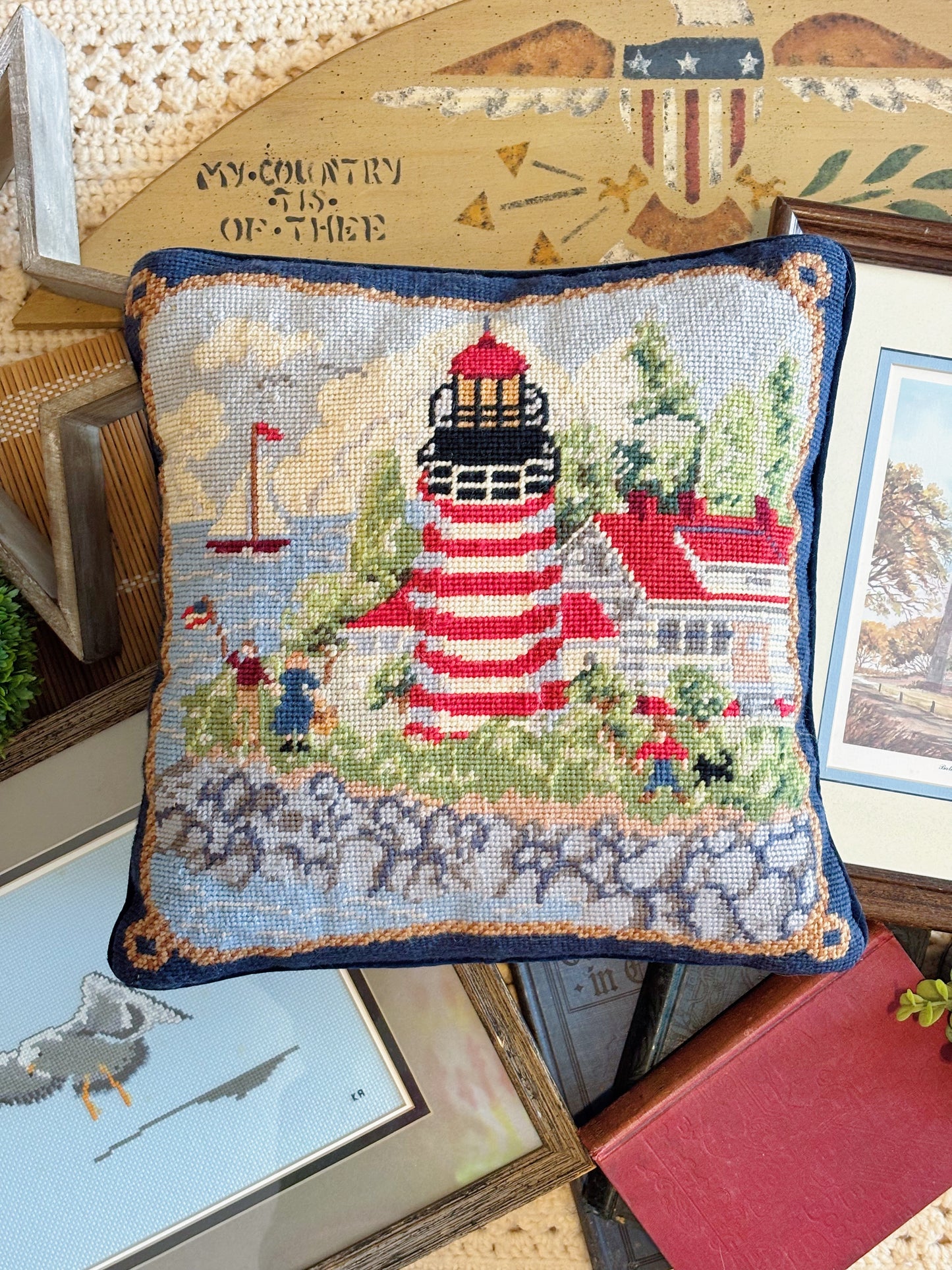 Vintage Lighthouse Coastal Scene Needlepoint Pillow