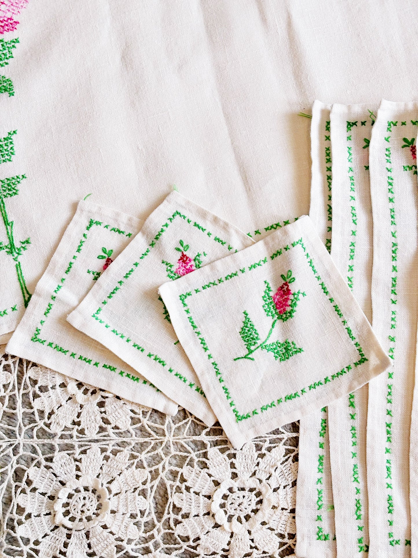 Vintage Floral Cross Stitch Linens