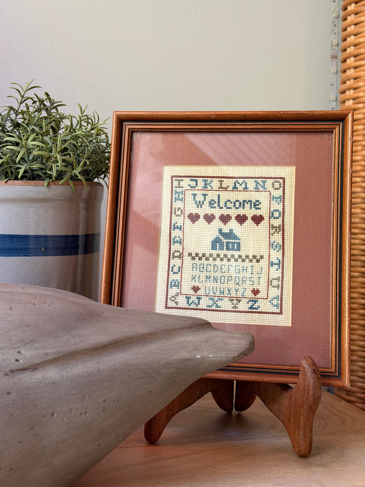 Vintage Framed Welcome Cross Stitch Sampler