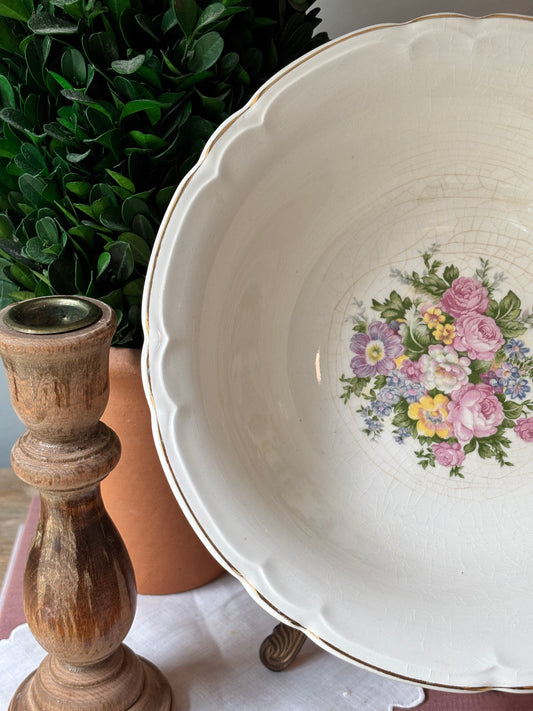 Floral Serving Bowl with Gold Trim