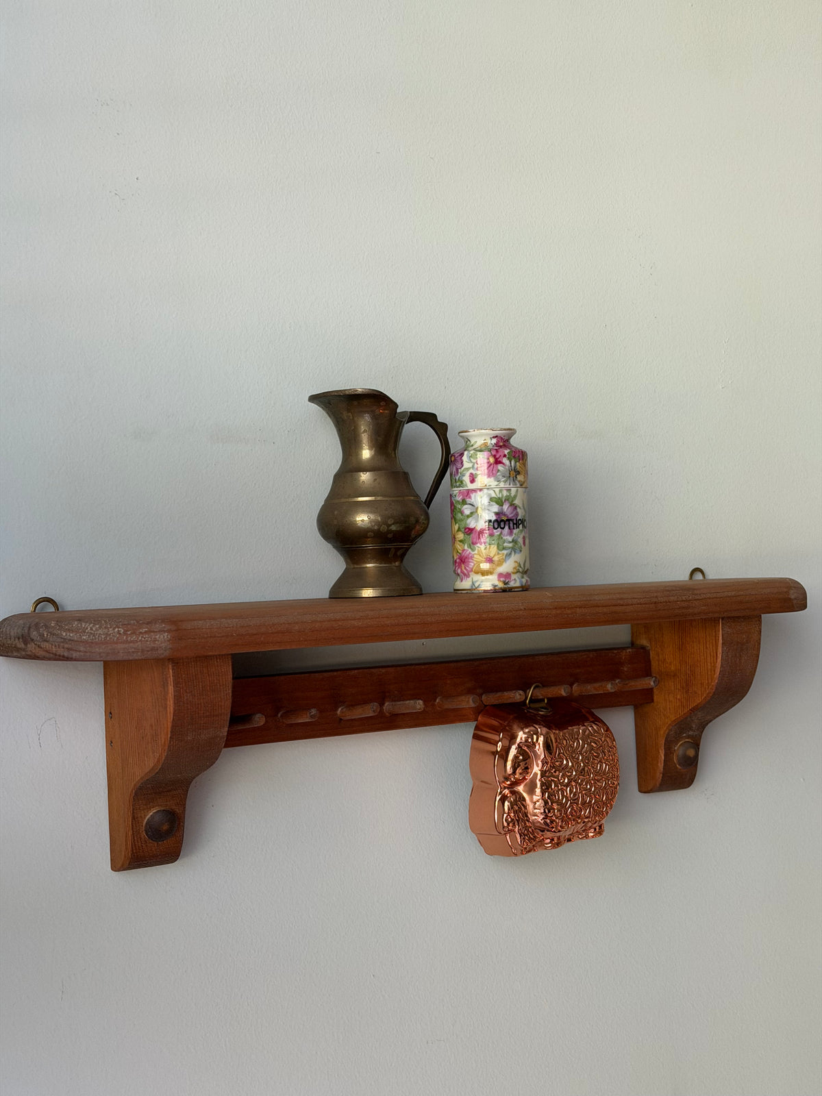 Vintage Wooden Wall Shelf with Pegs
