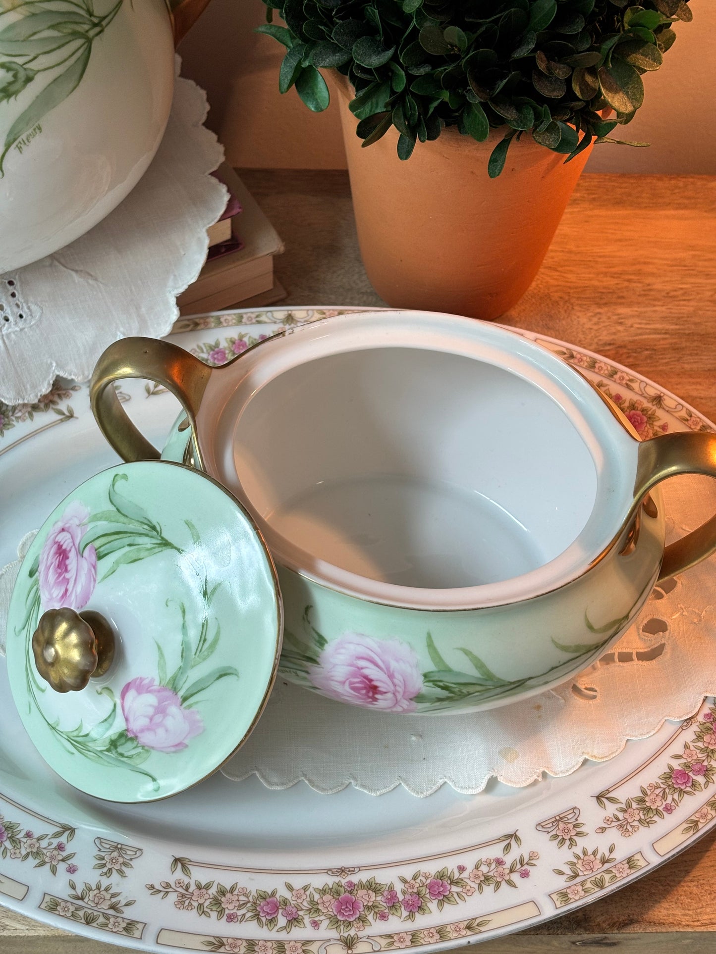 Porcelain Pink Green Floral Lidded Dish