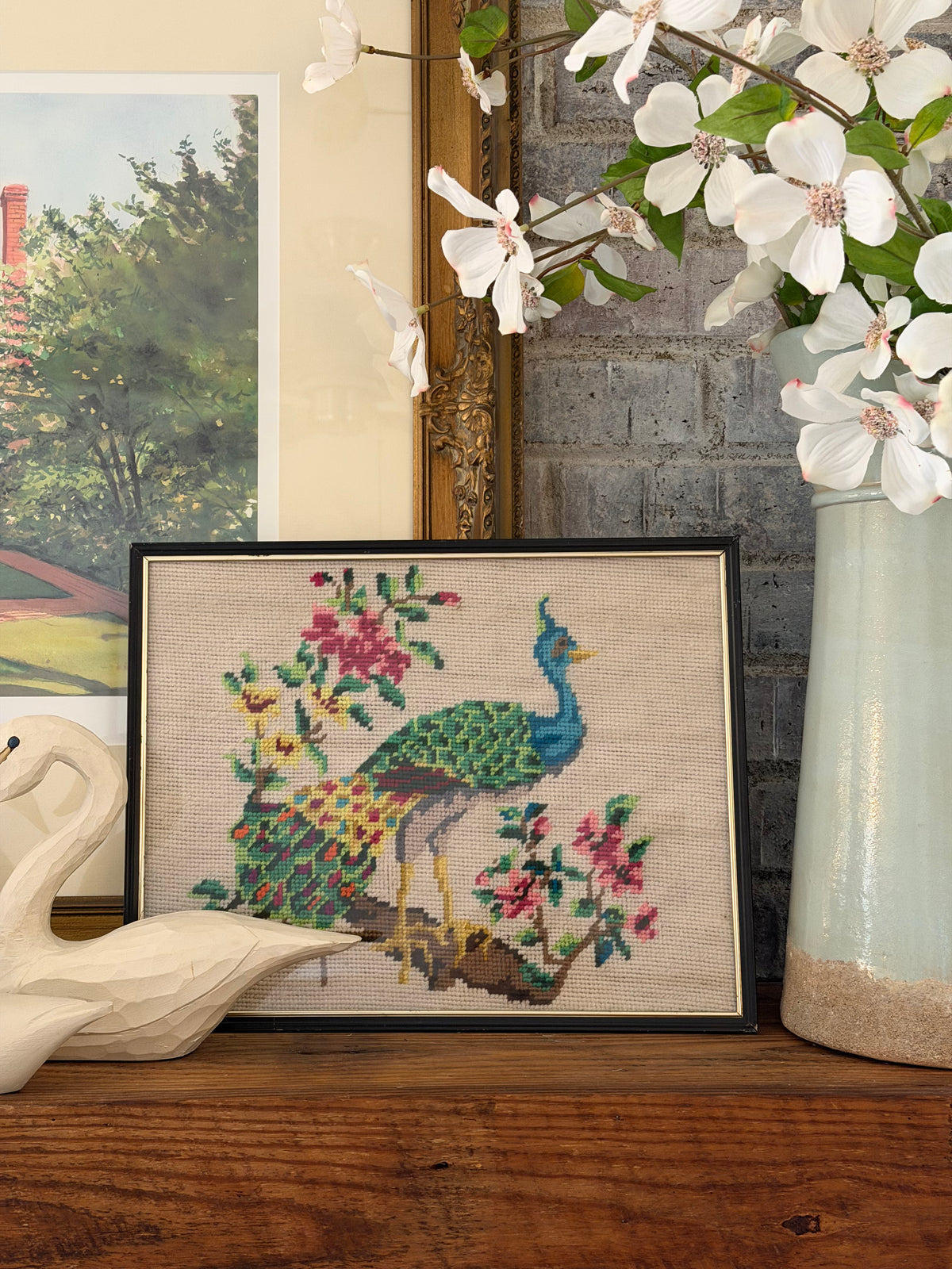 Framed Peacock Needlepoint