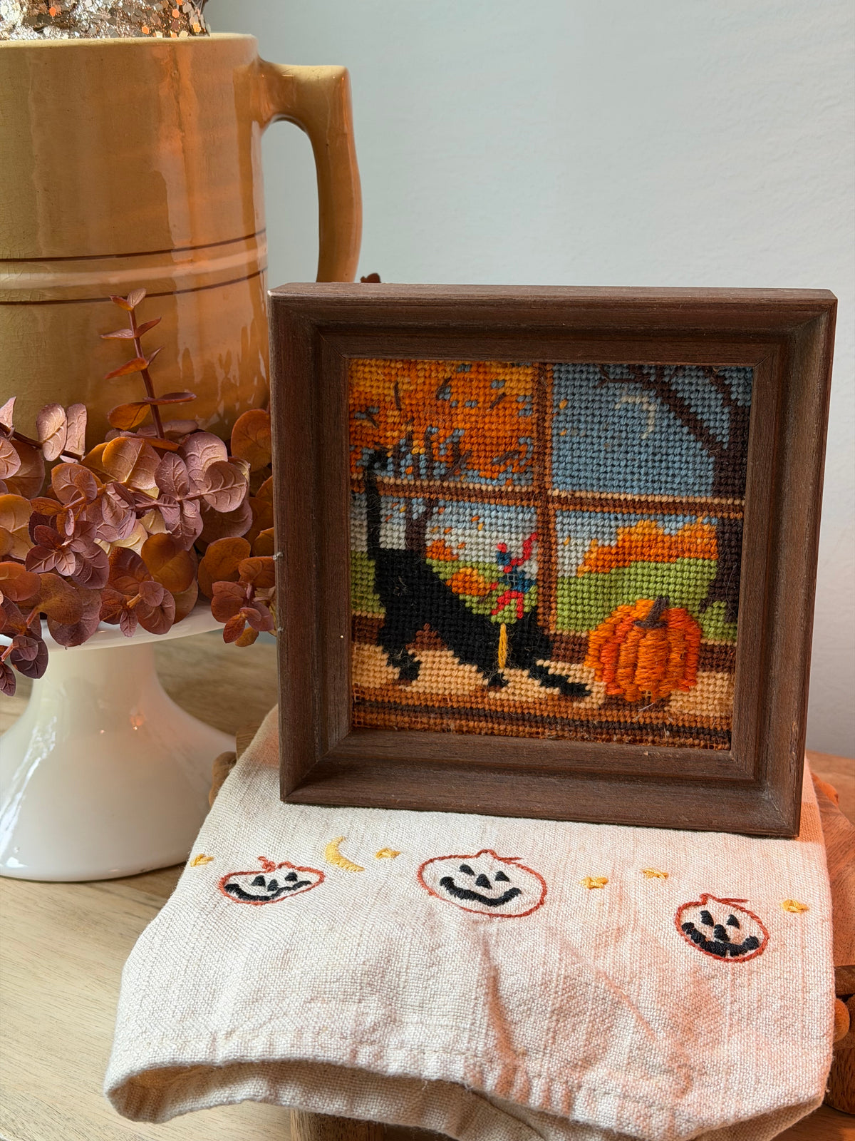 Vintage Black Cat Halloween Framed Needlepoint