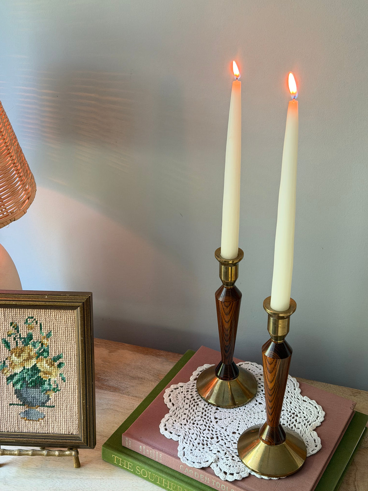 Set of 2 Wood & Brass Candle Stick Holders