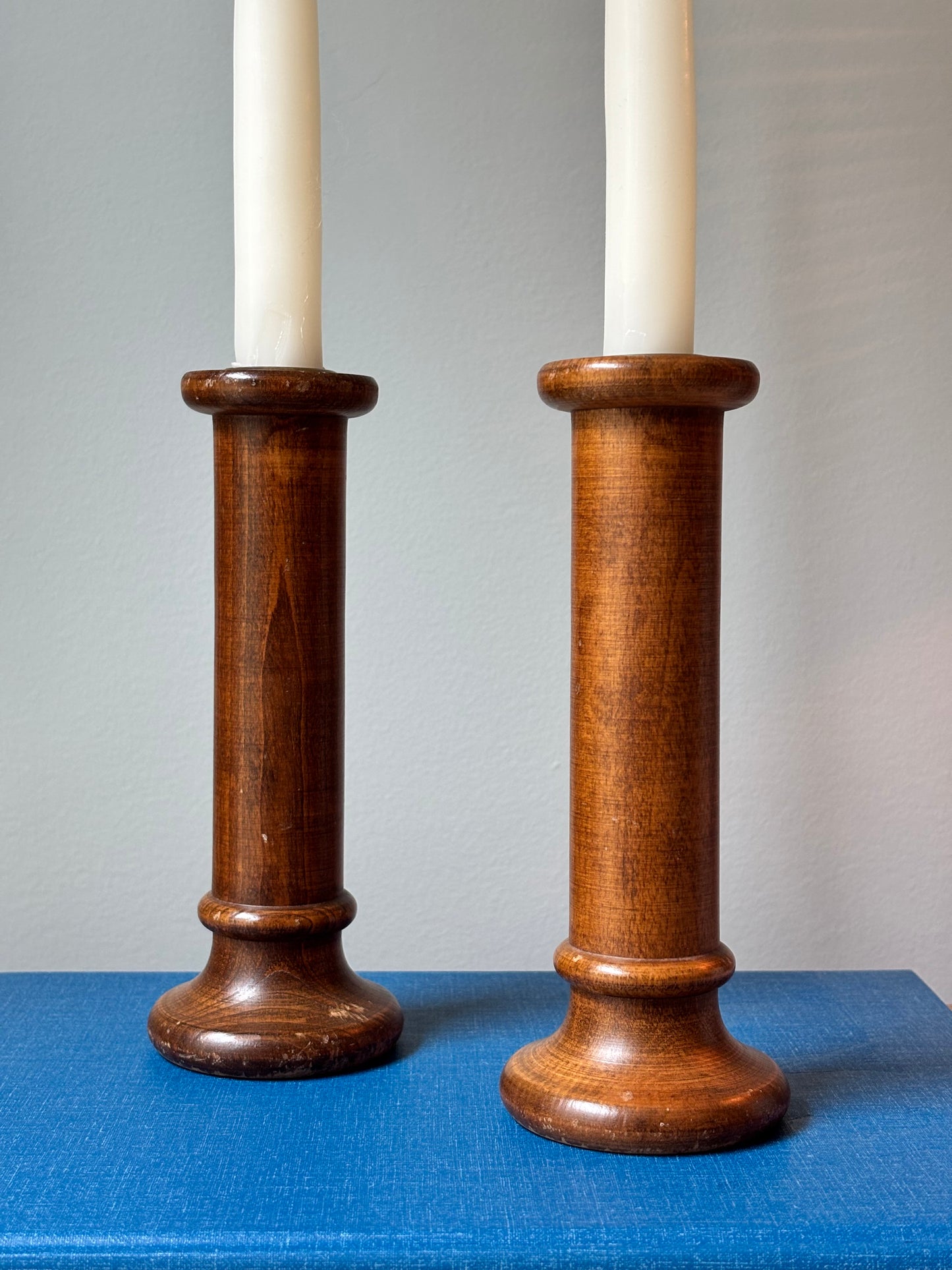 Set of Vintage Wooden Bobbin Candle Stick Holders