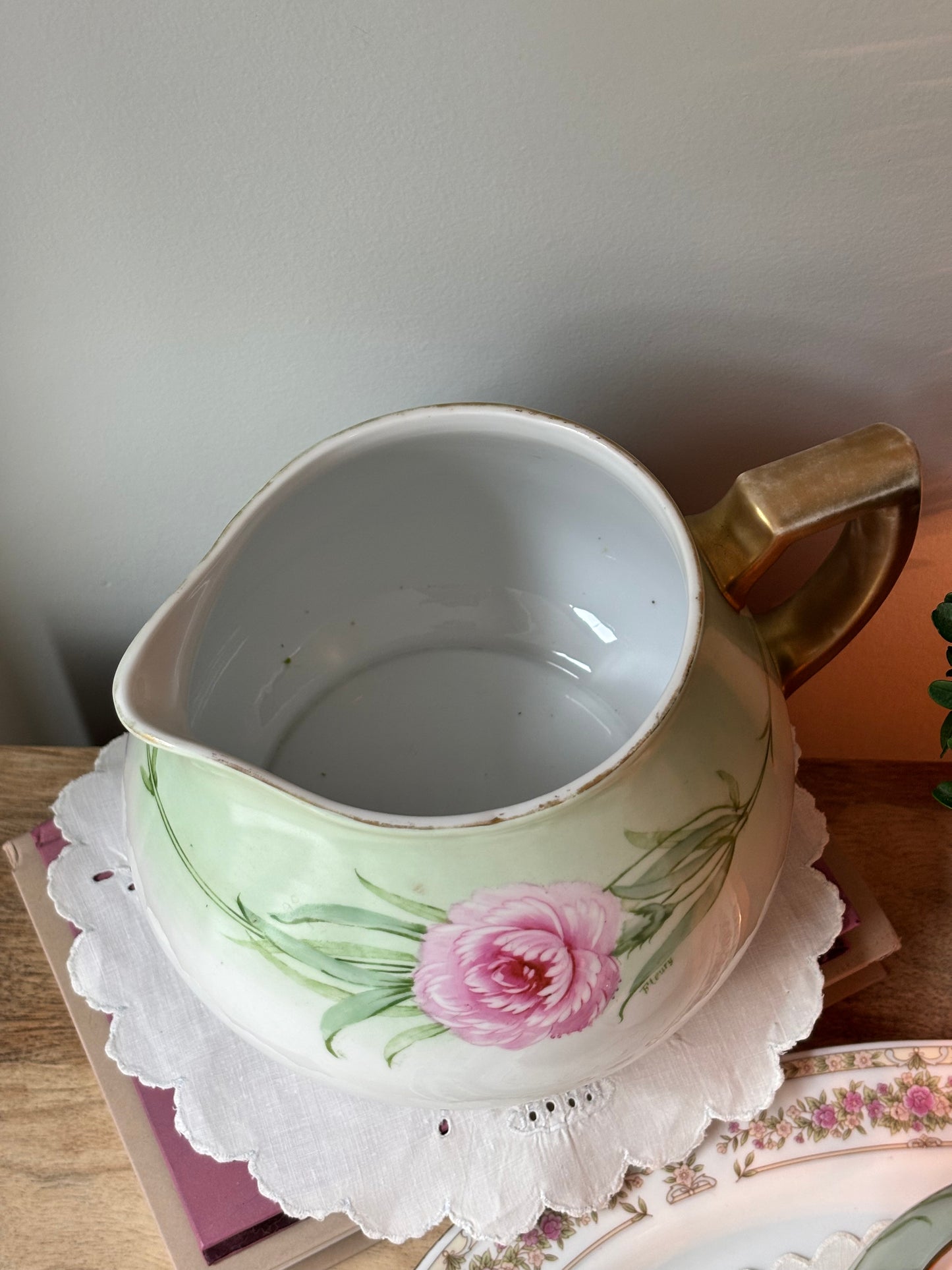Porcelain Pink Green Floral Pitcher