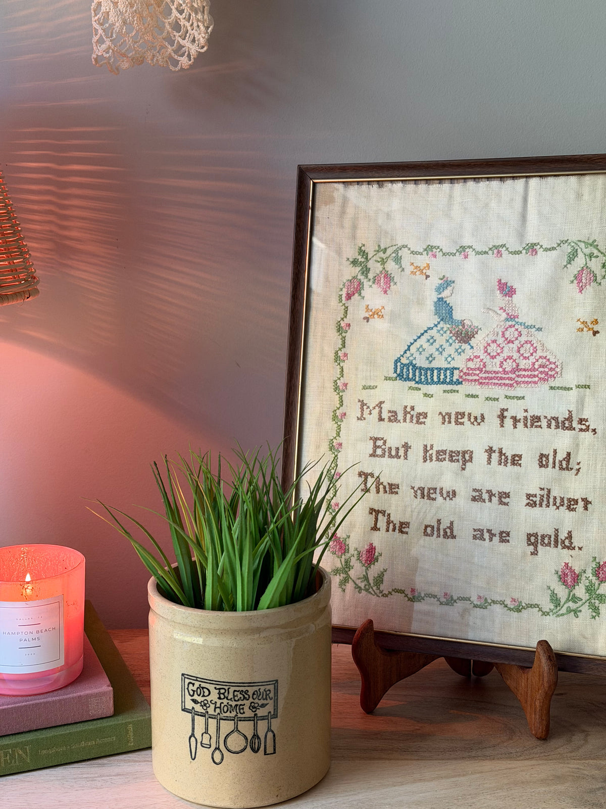 Make New Friends Vintage Framed Cross Stitch