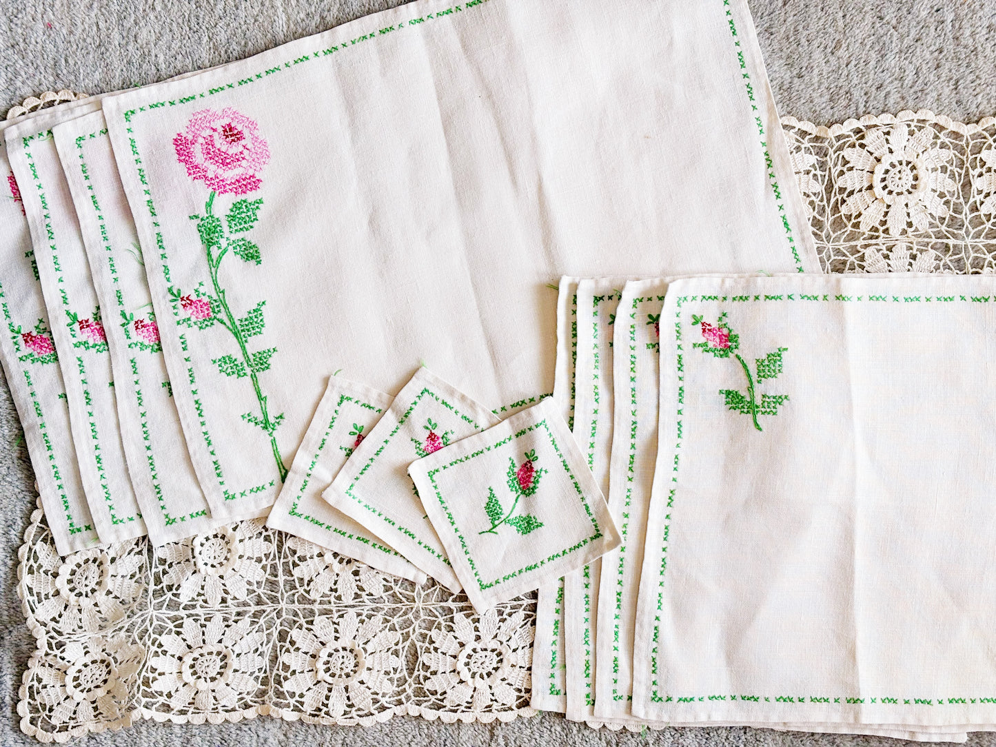Vintage Floral Cross Stitch Linens