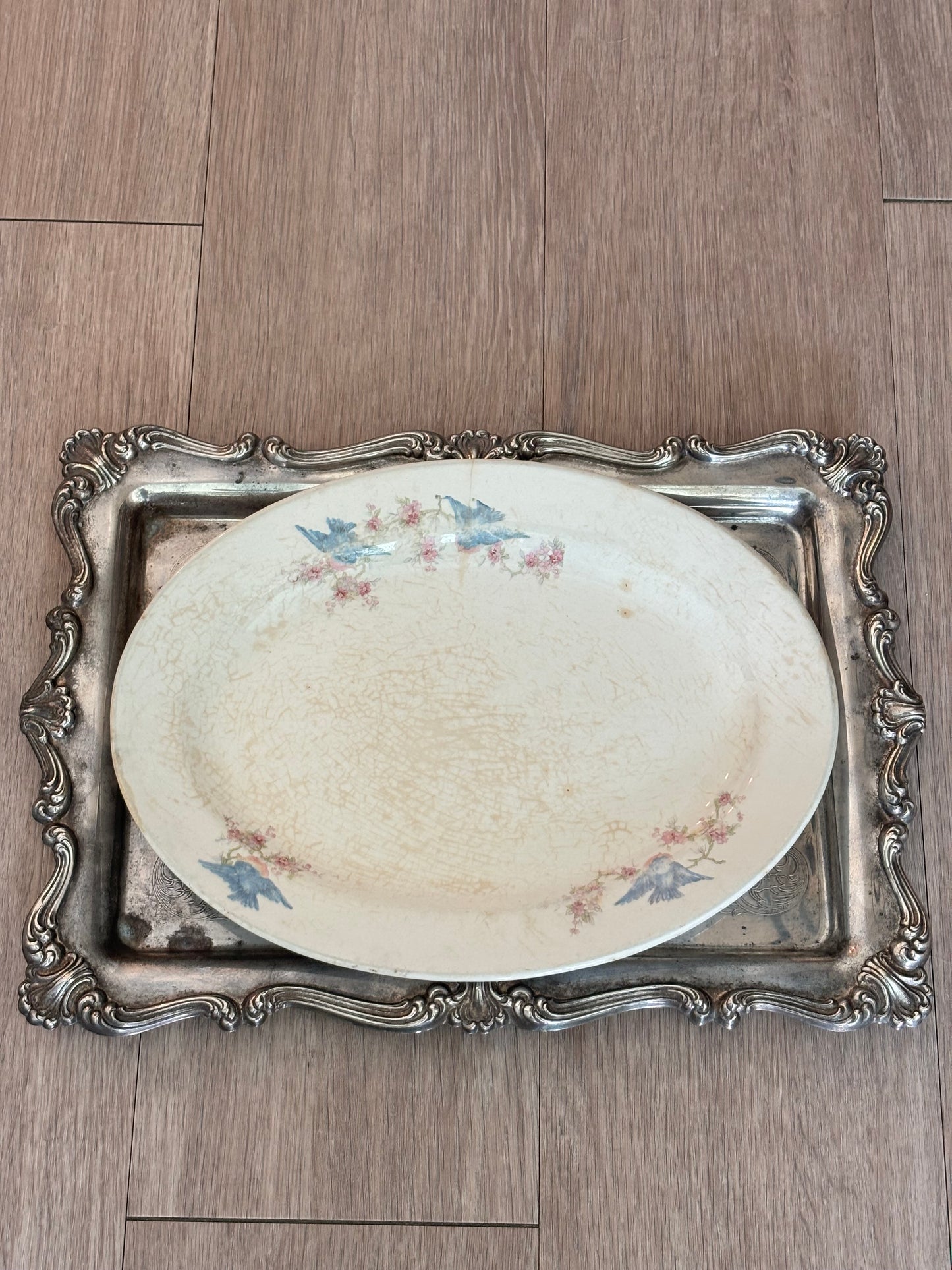 Vintage Floral Blue Bird Ironstone Platter