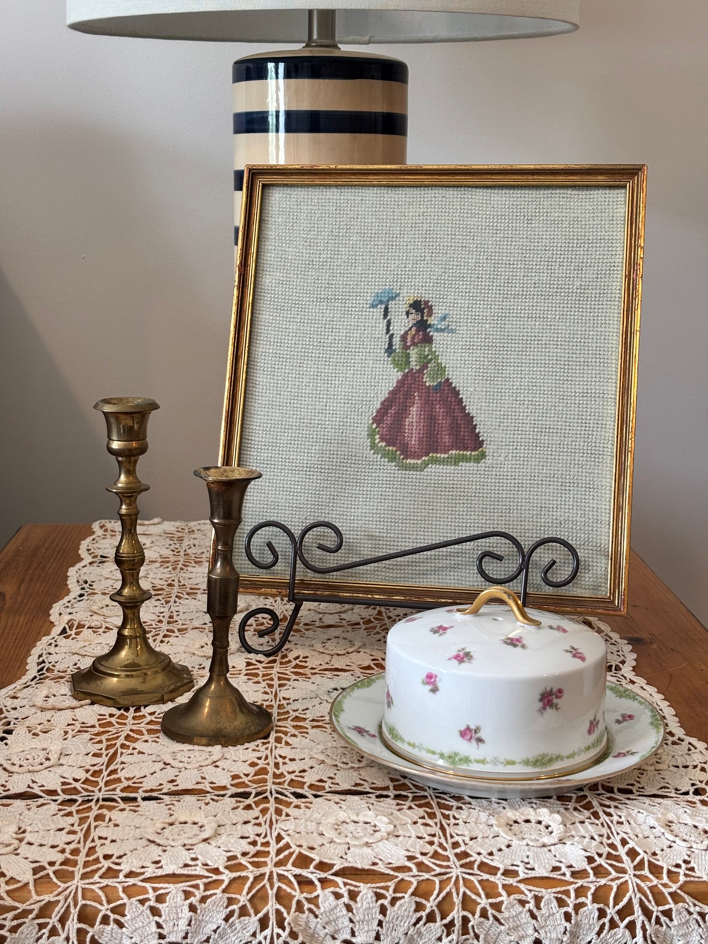 Vintage Framed Colonial Woman Needlepoint