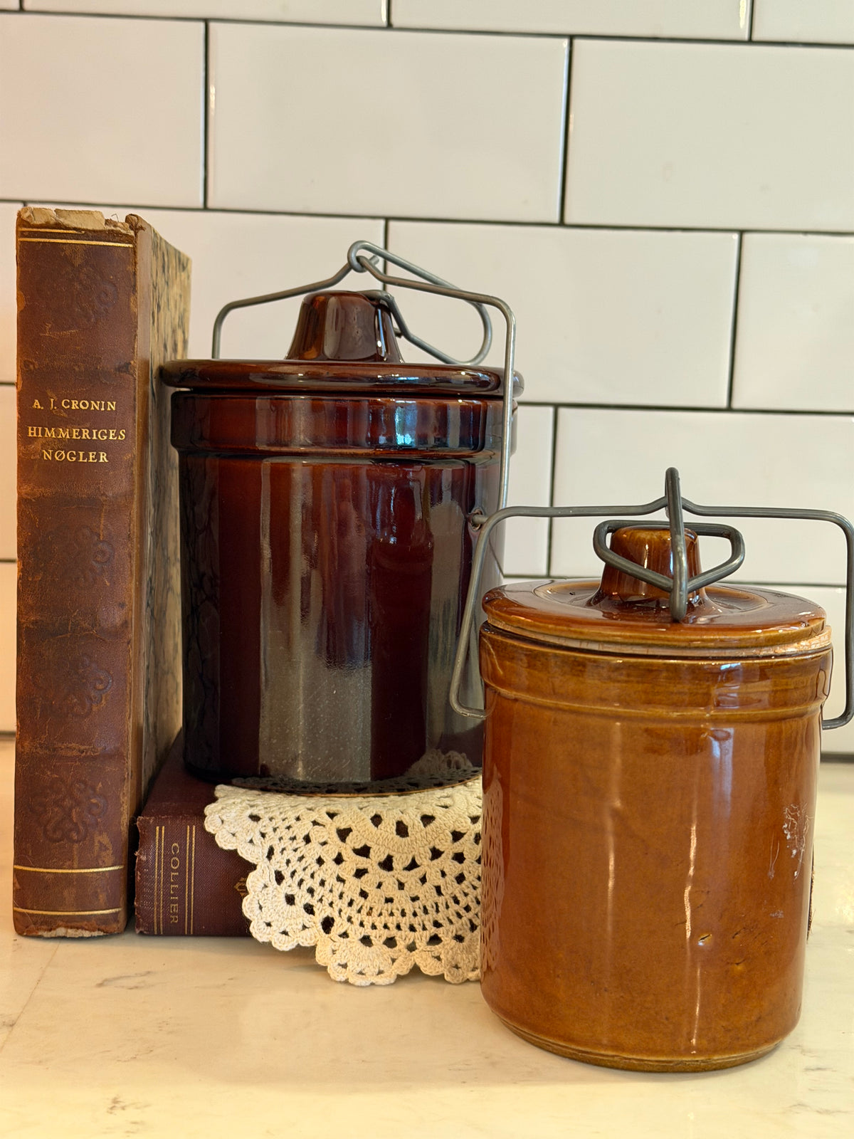 Vintage Brown Clamp Lid Crocks