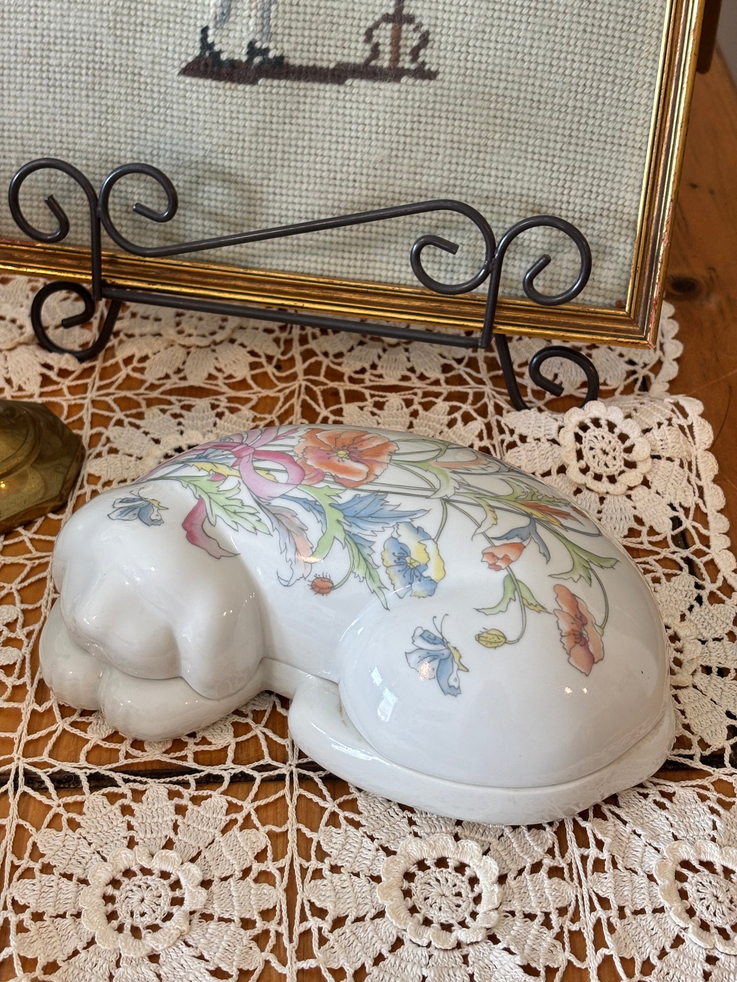 Vintage Porcelain Floral Sleeping Dog Trinket Dish