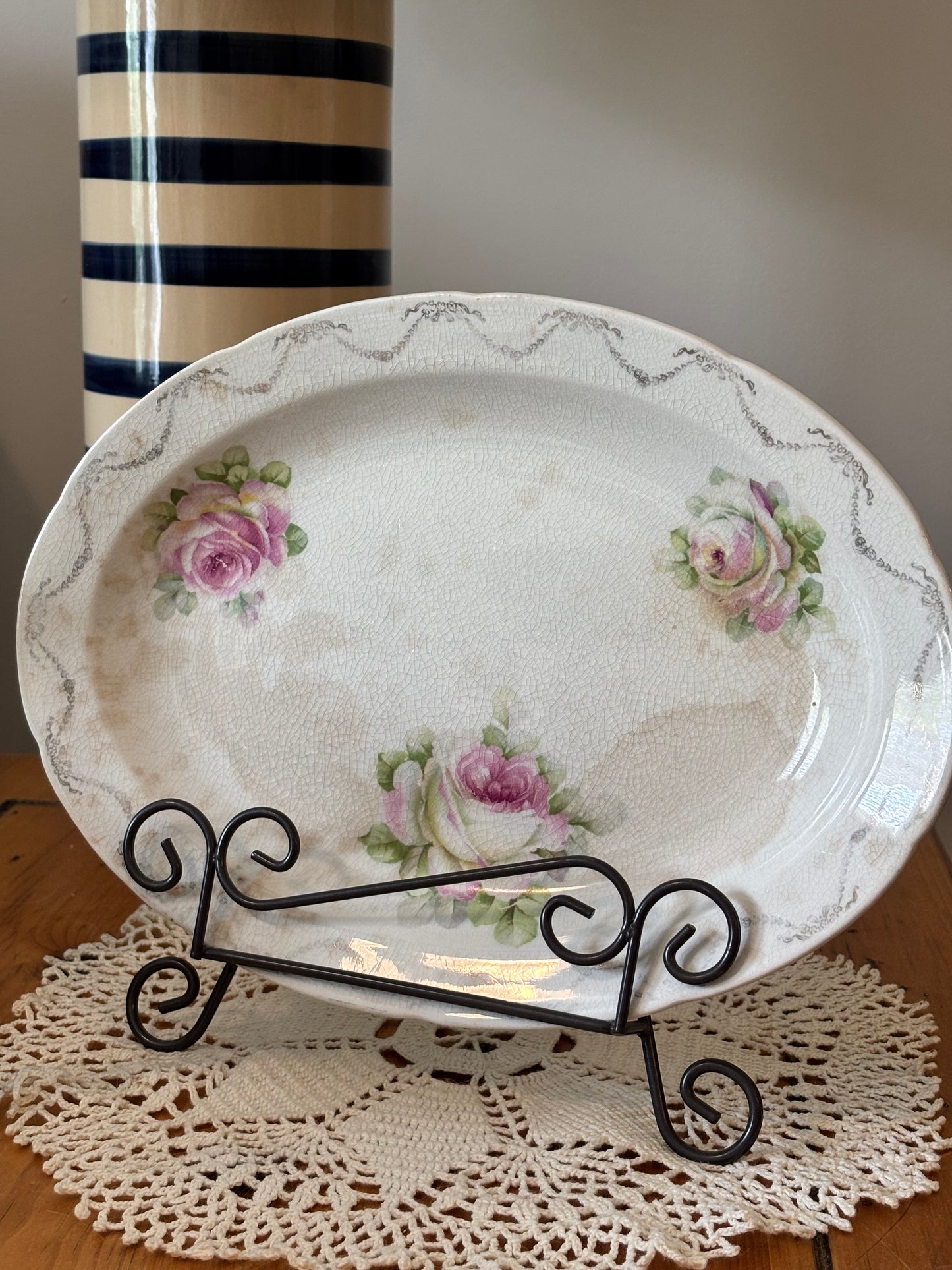Vintage Pink Floral Stained Ironstone Platter
