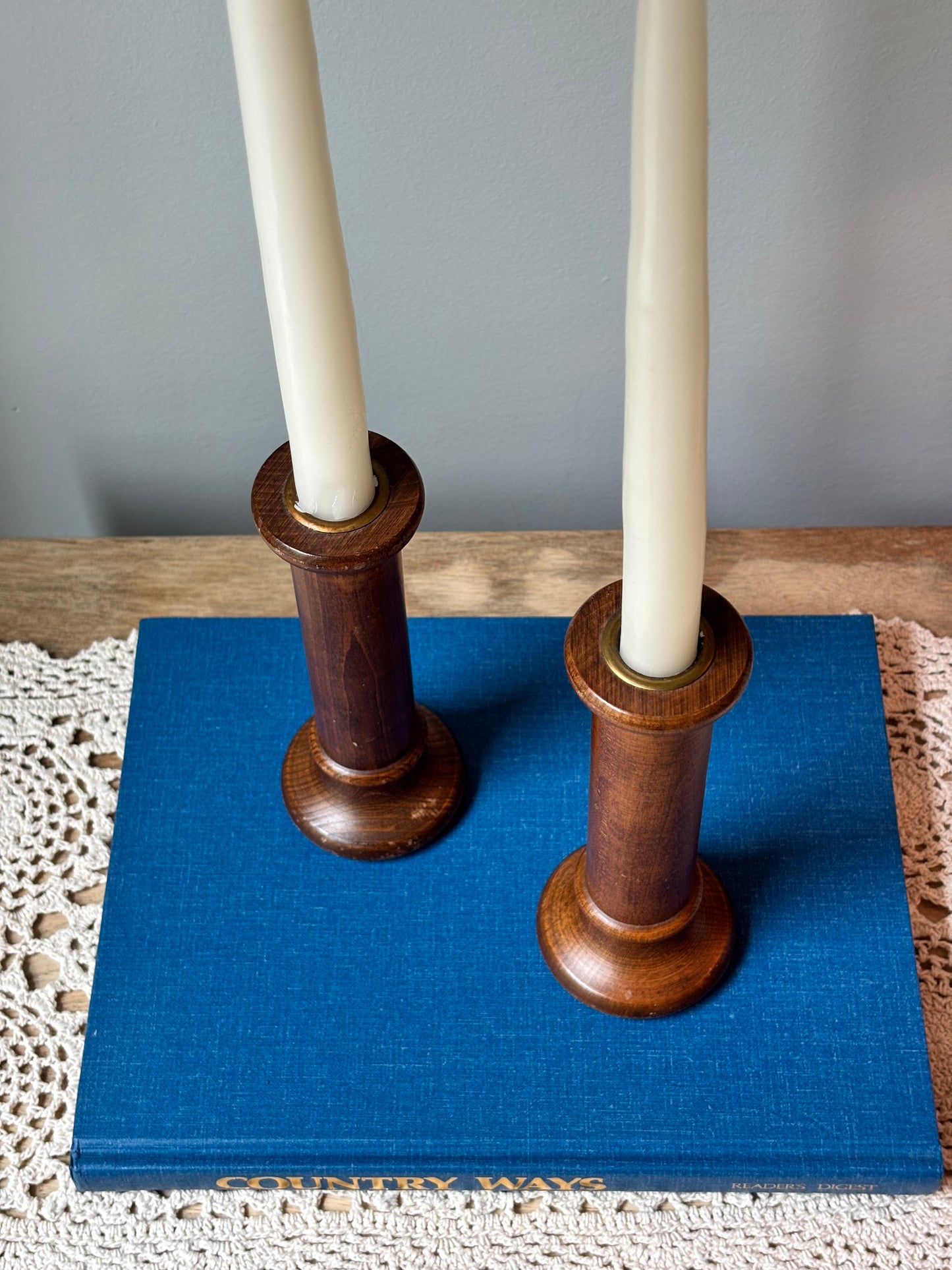 Set of Vintage Wooden Bobbin Candle Stick Holders