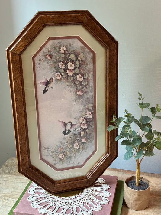 Octagonal Framed Floral Bird Print