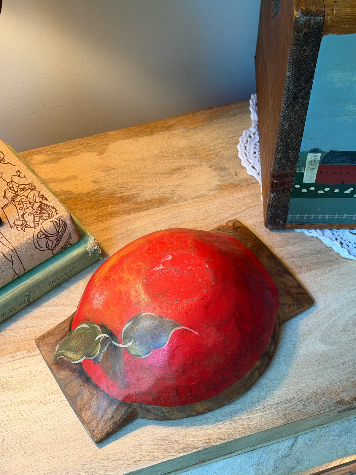 Wooden Folk Art Hand Painted Apple Dough Bowl