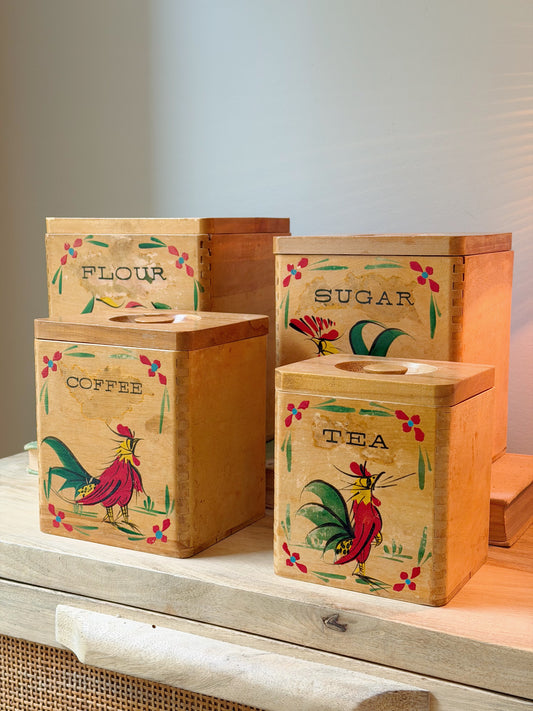 Vintage 1950s Wooden Rooster Canister Set