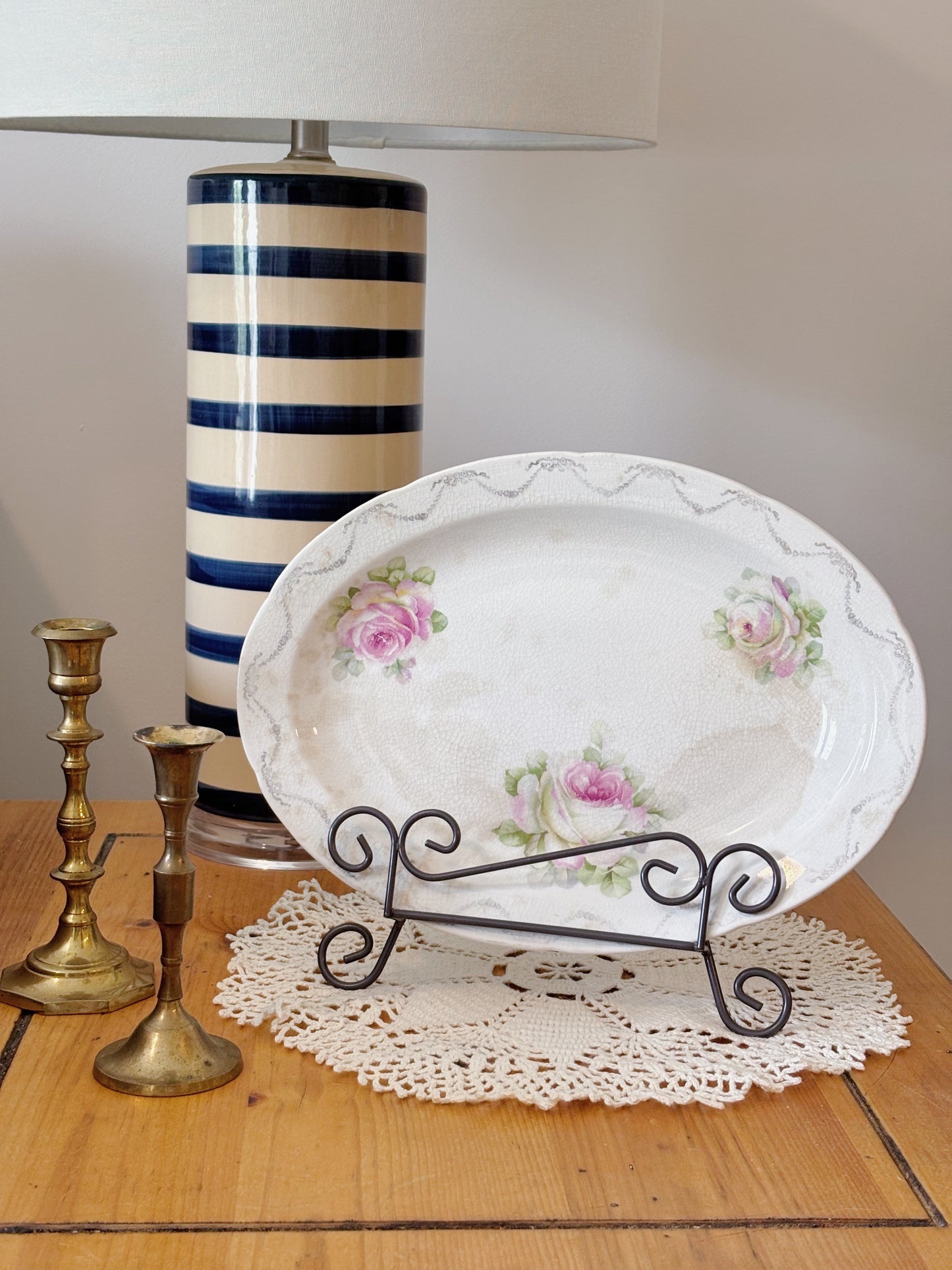 Vintage Pink Floral Stained Ironstone Platter