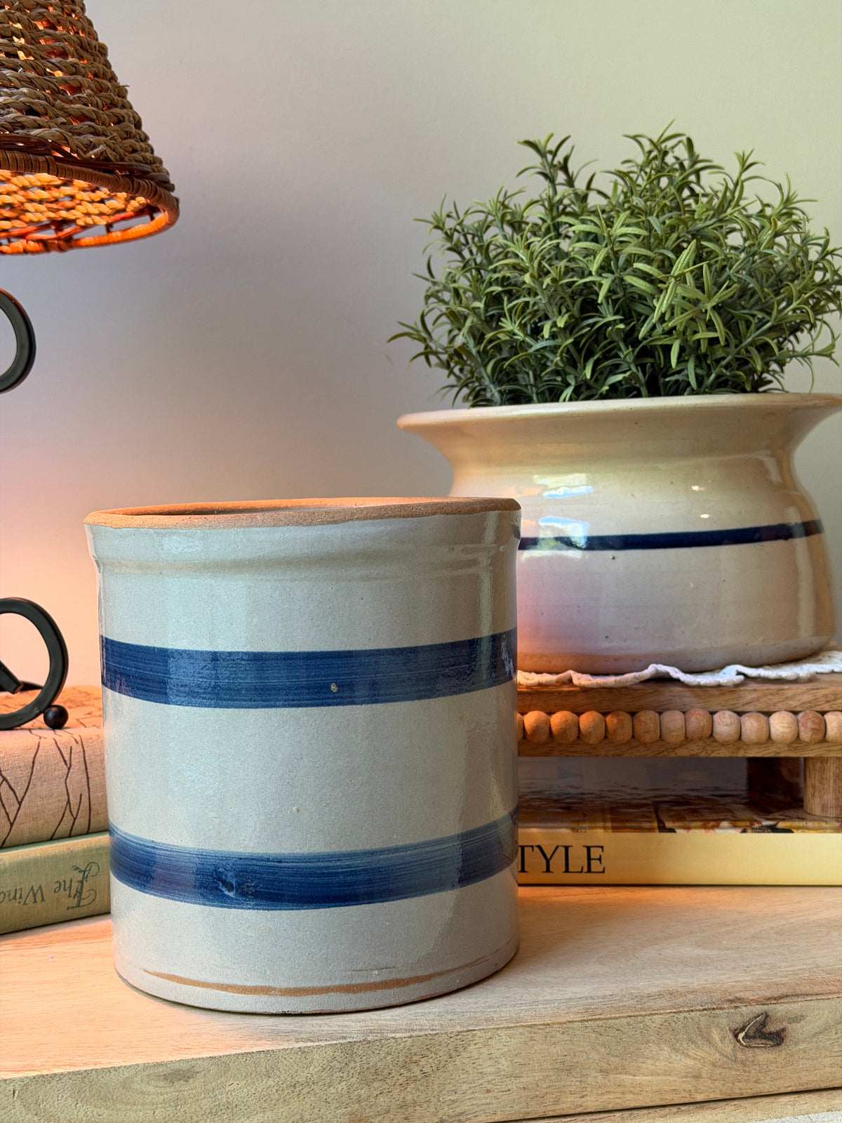 Blue Striped Pottery Crock