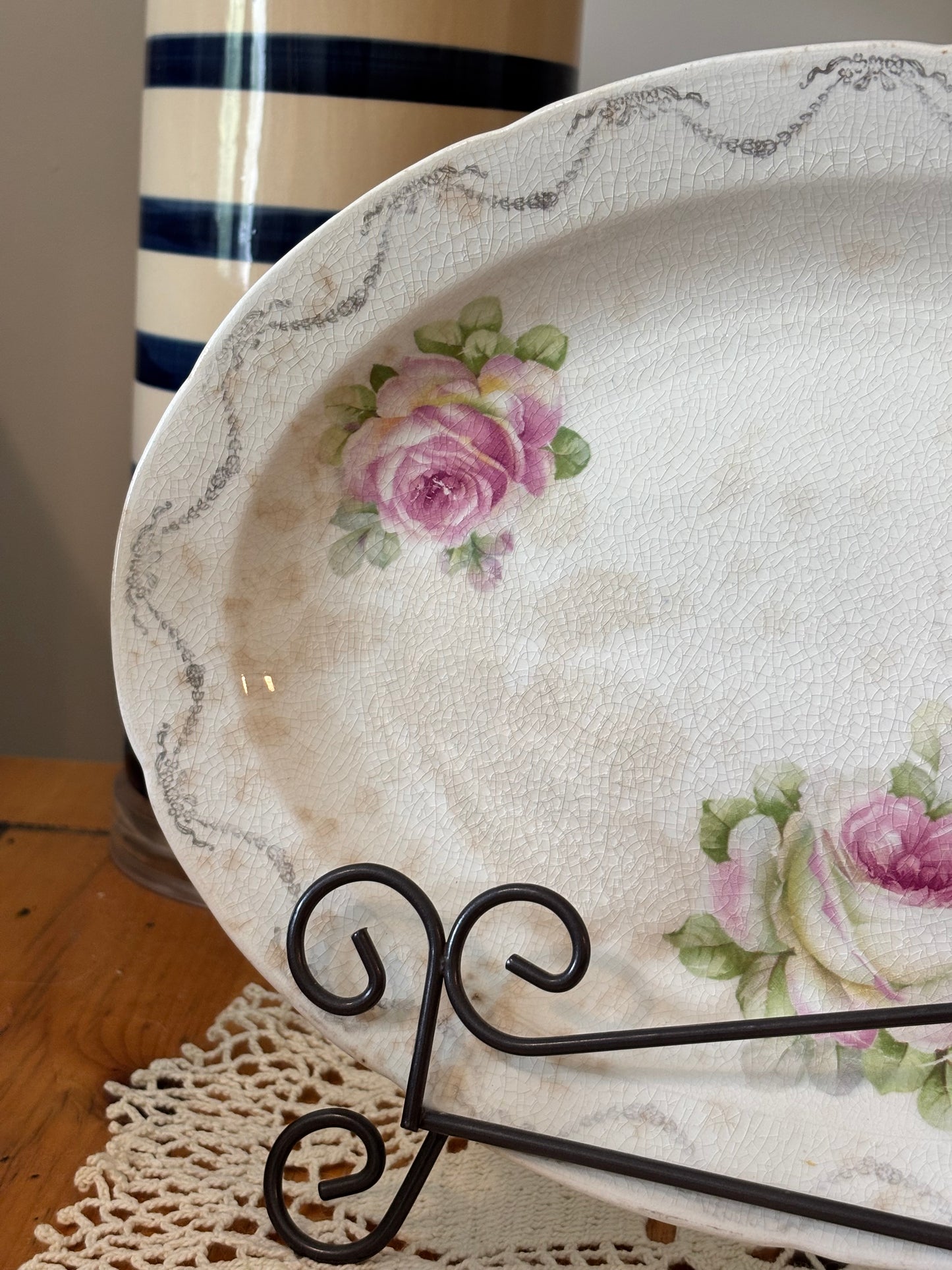 Vintage Pink Floral Stained Ironstone Platter