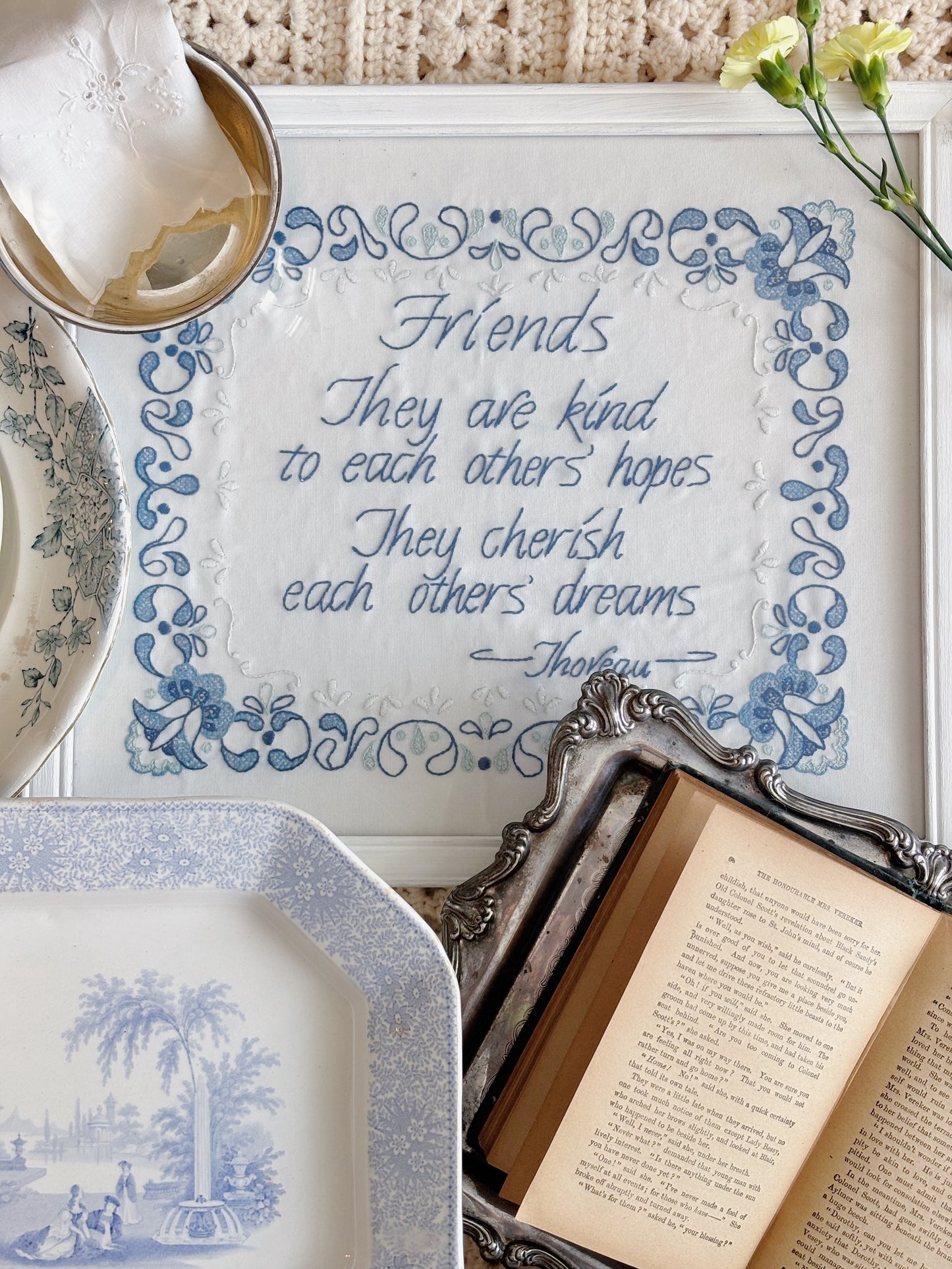 Vintage Friendship Blue & White Framed Embroidery