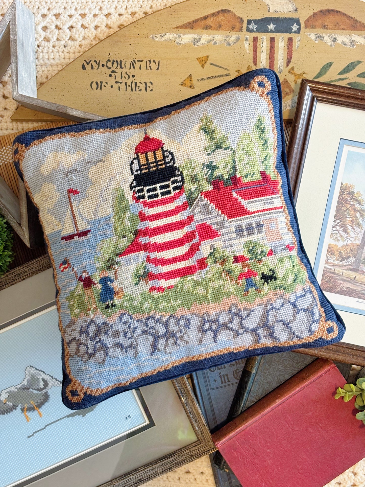 Vintage Lighthouse Coastal Scene Needlepoint Pillow