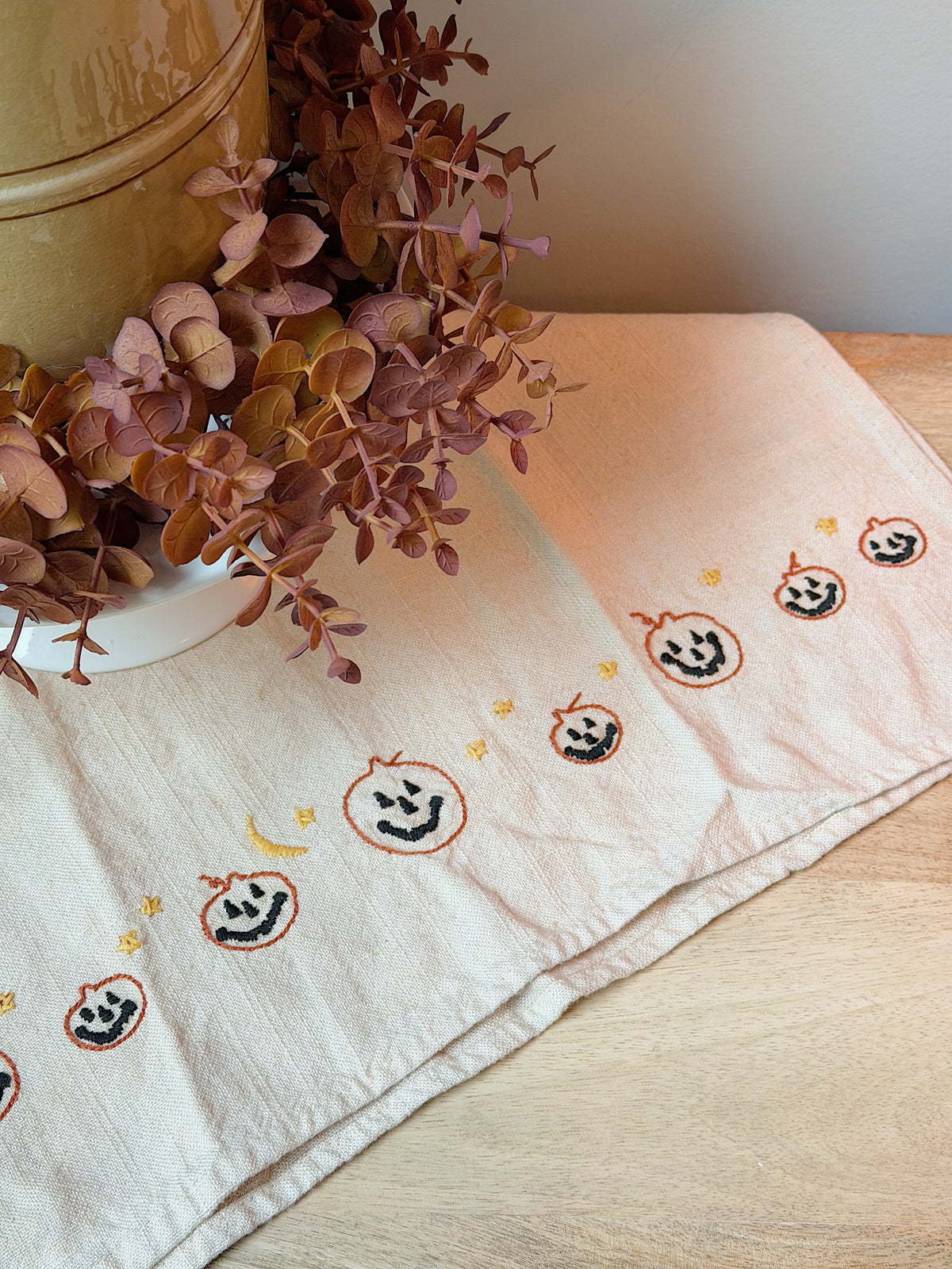 Linen Jack-O-Lantern Embroidered Tea Towel