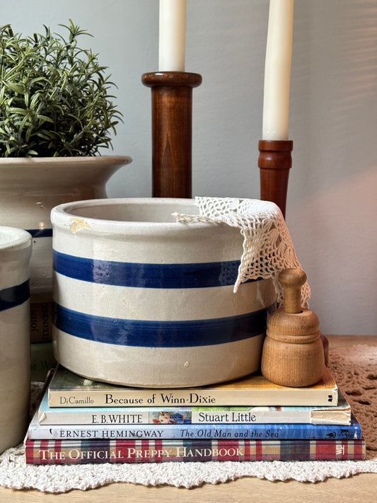 Vintage Blue Striped Roseville Crock