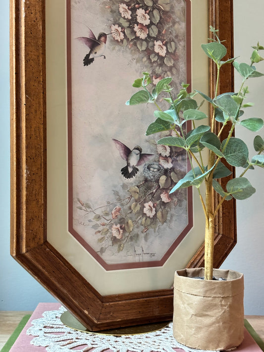 Octagonal Framed Floral Bird Print