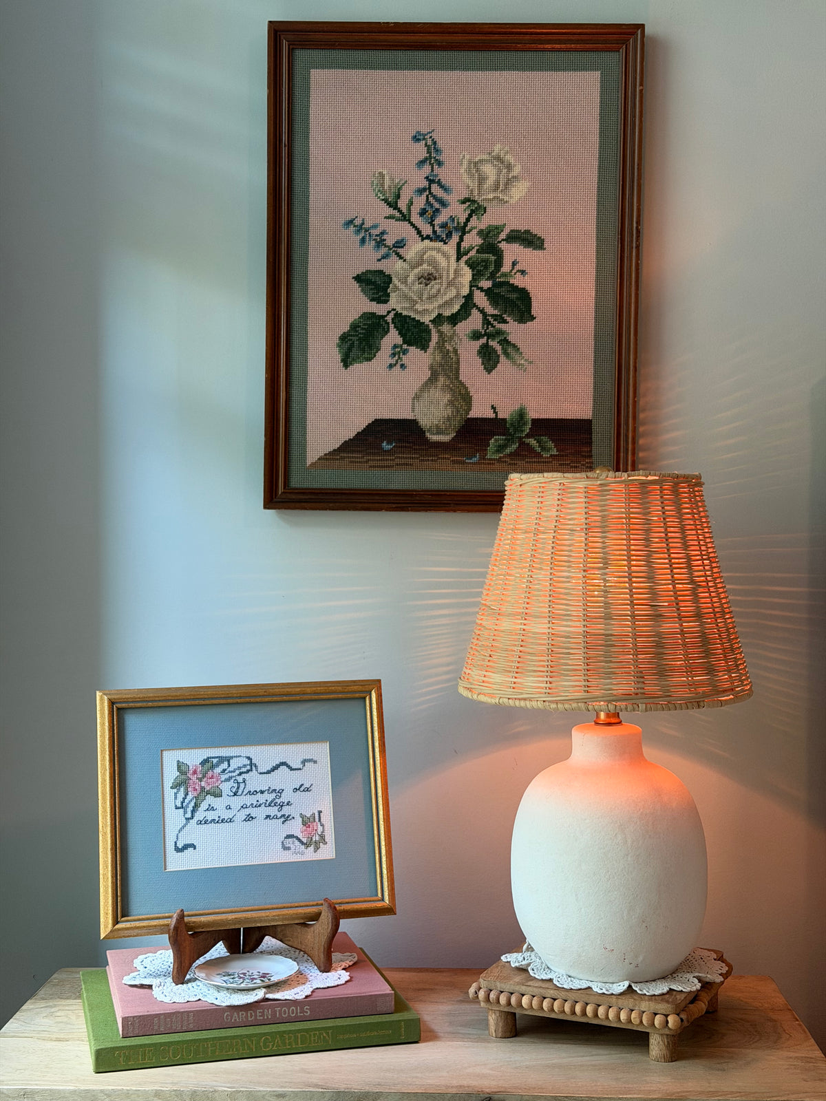 Pink and Sage Framed Floral Needlepoint