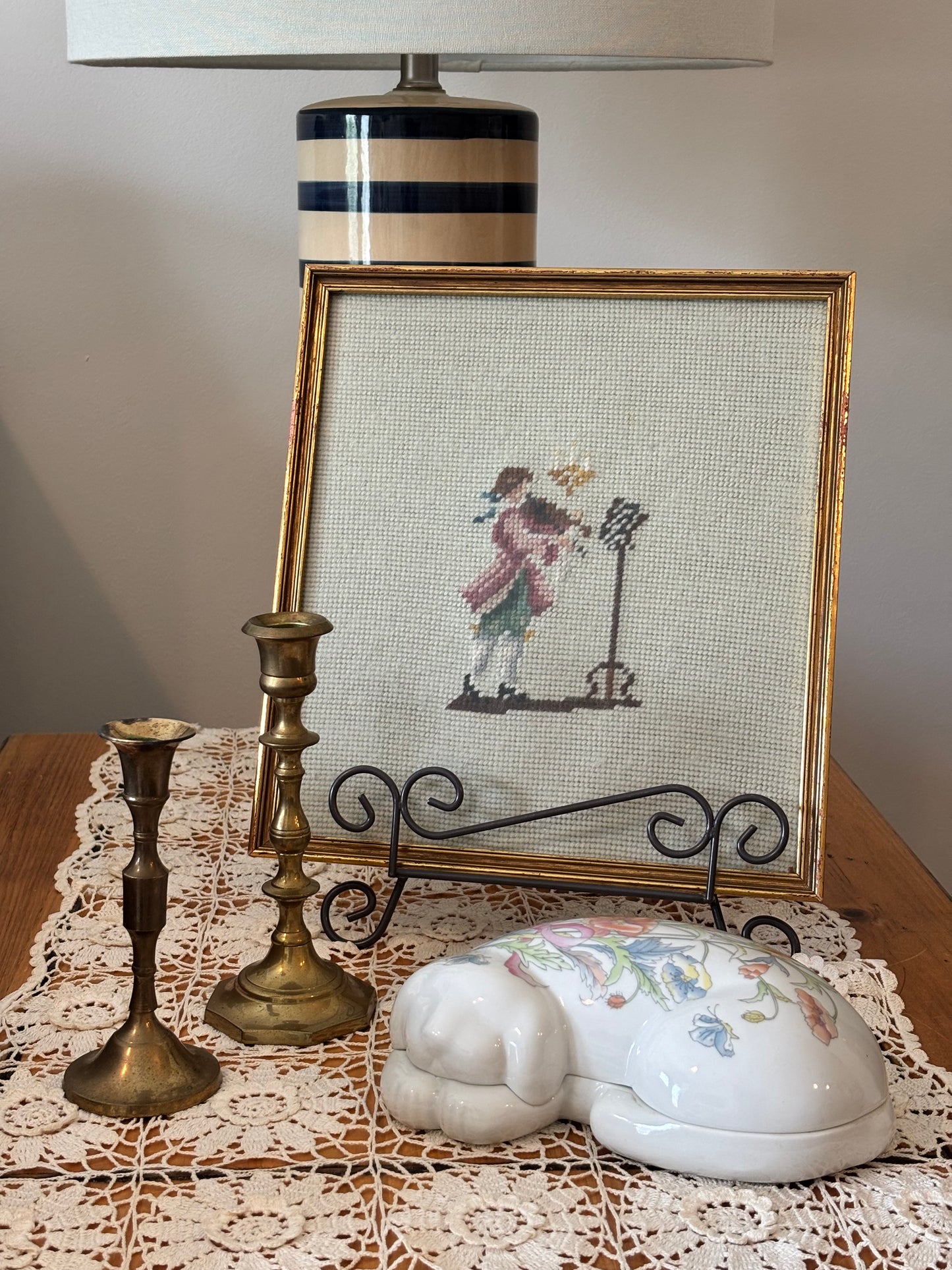 Vintage Porcelain Floral Sleeping Dog Trinket Dish